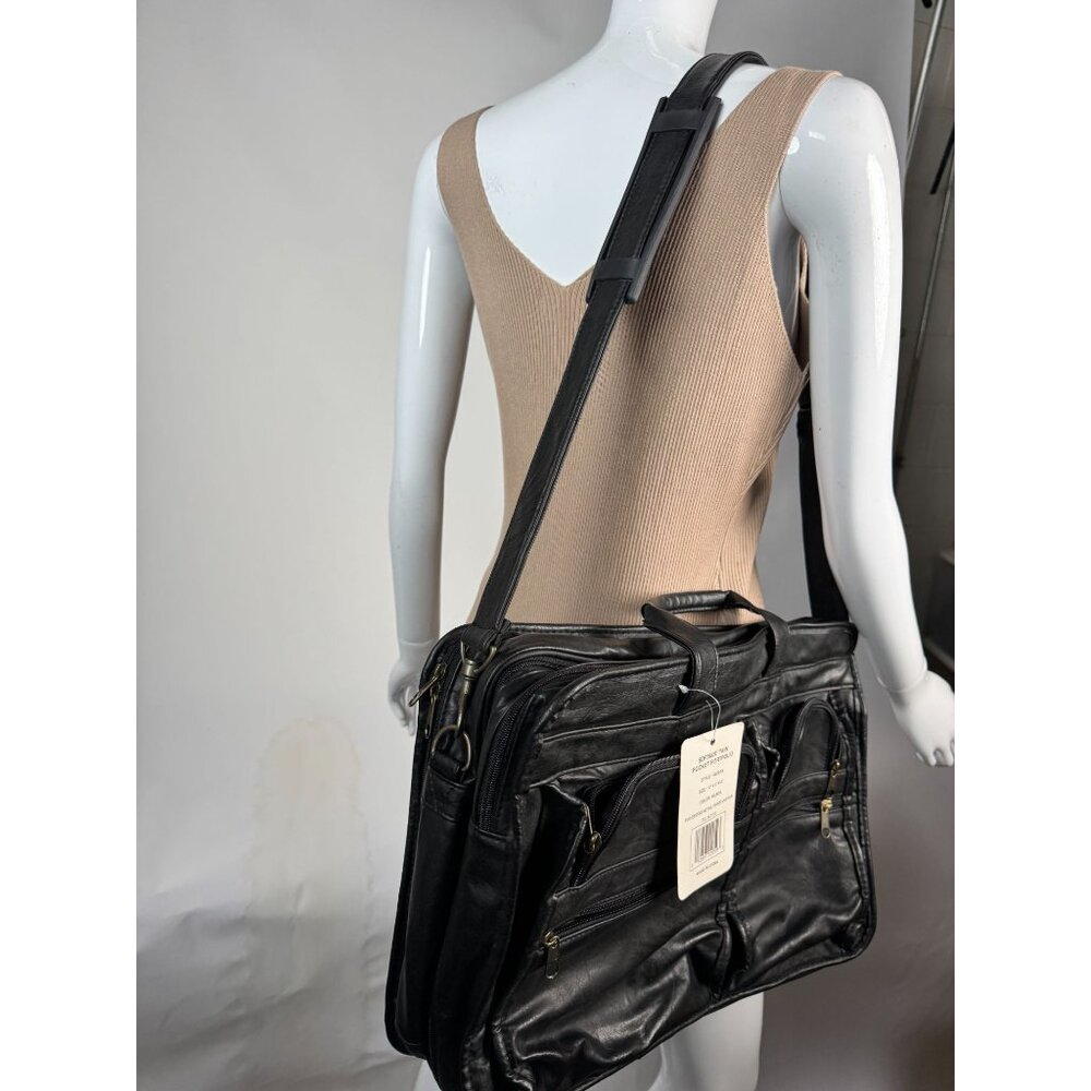 Monarch Black Leather Look Business Briefcase With Multiple Zippered Pockets & A - Picture 14 of 16